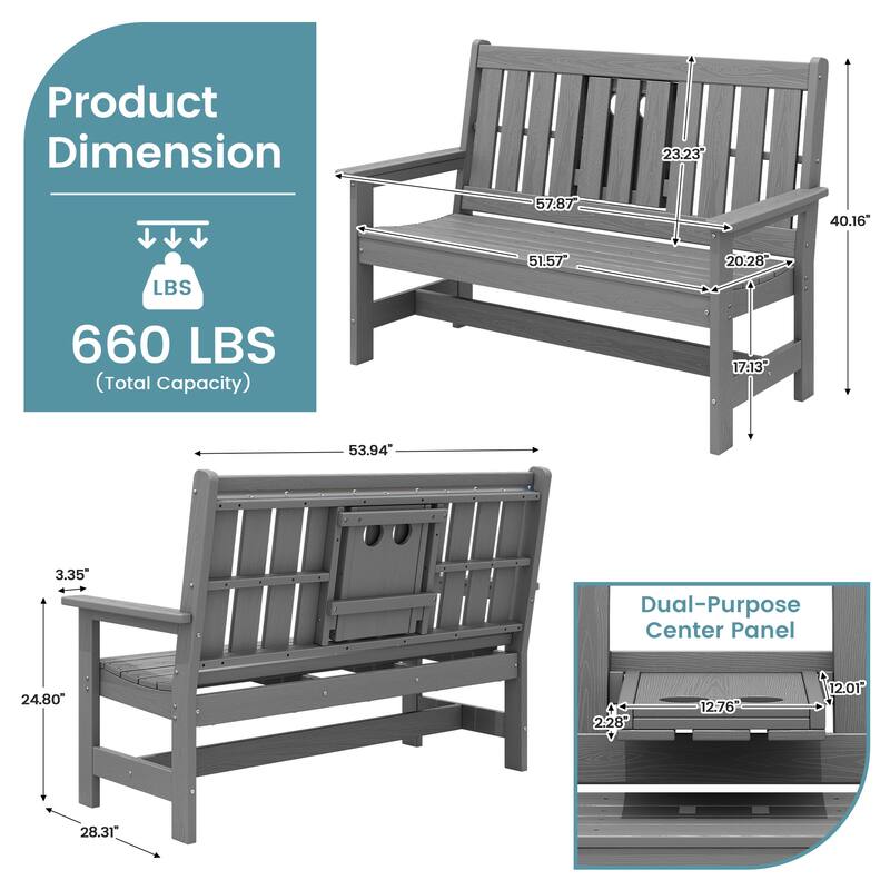 HDPE 2 Person Patio Bench with foldable Cup Holder and Functional Center Panel