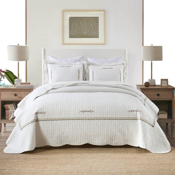 slide 2 of 4, 3 Pcs White Cotton Oversized Quilt Bedspread Set Sakura Oversized King