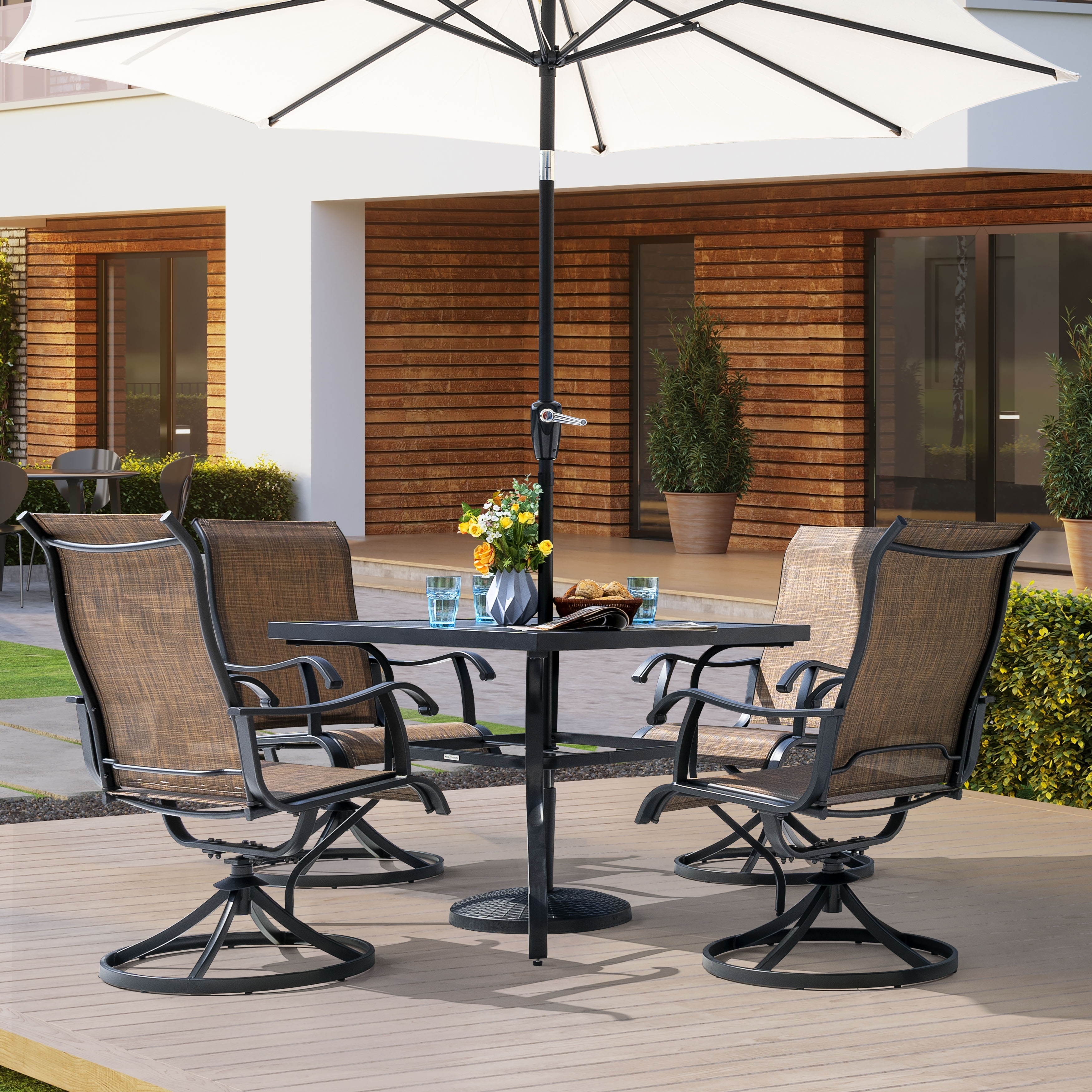 home depot patio table chairs and umbrella PHI VILLA Furniture Set with for 4,Swivel Mesh Dining lift umbrella Make a choice:Black W/Grey Stickers - SHIPPING NOW 11' Replacement Canopy - Season-Winter