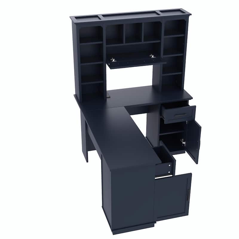 L-Shaped Computer Desk with 2 Cabinets, 2 Drawers, 11 Open Shelves and a Flip-Up Shelf with Storage on the Right Side