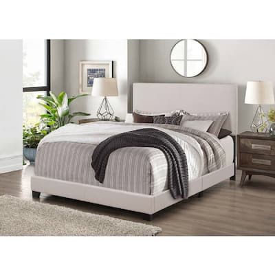 Linen Upholstered Bed Frame with Headboard, Khaki