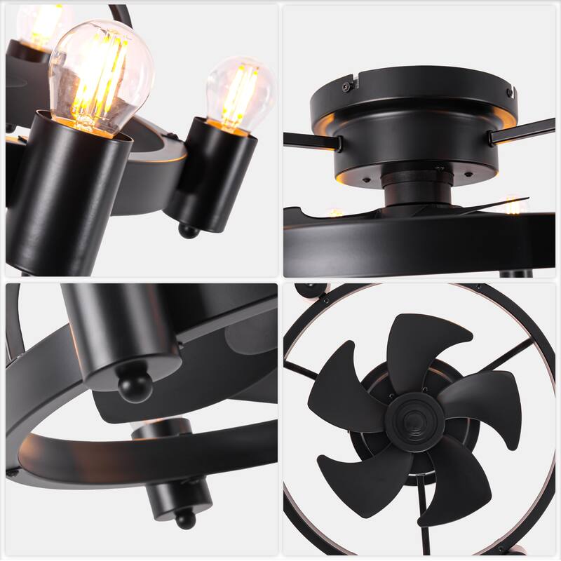 Cusp Barn 20 Inch Black Low Profile Flush Mount Ceiling Fan with Light and Remote, Industrial 6 Speeds DC Motor Ceiling Fan