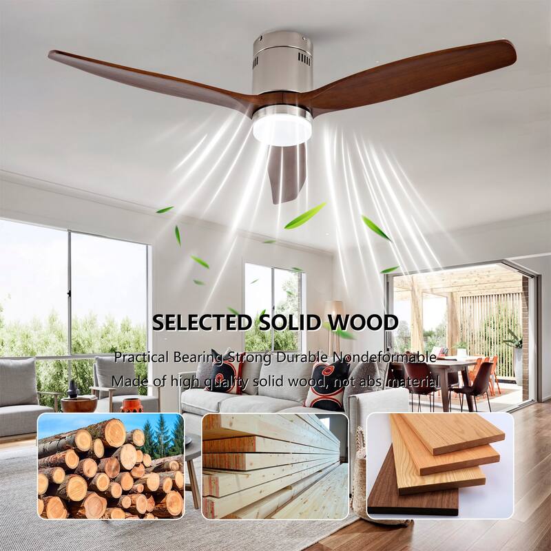 Hot sales 52 Inch Modern Ceiling Fan ,3 Color Dimmable 5 Solide Wood Blades Remote Control Reversible DC Motor With Led Light