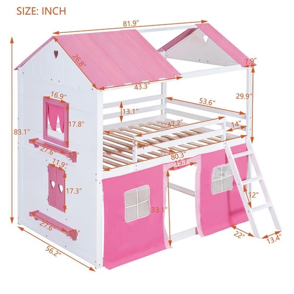 dimension image slide 0 of 2, Playhouse Design Impression & Beautiful Full Size Bunk Wood House Bed with Elegant Windows, Sills and Tent