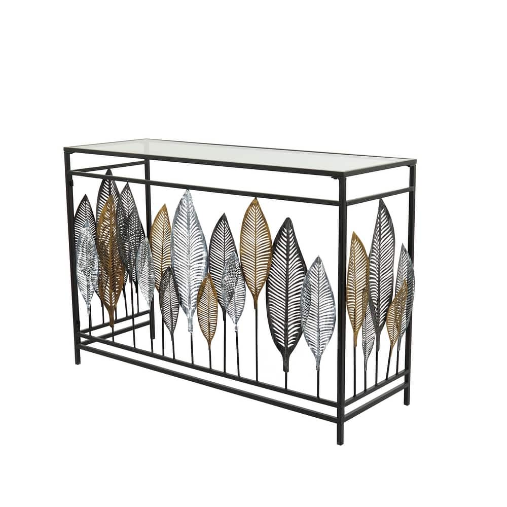 Metal Leaf Rectangular Console Table with Mirrored Glass Top and Gold Accents - Silver, Black or Gold - Roche River Decor