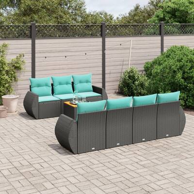 vidaXL 8 Piece Patio Sofa Set with Cushions Black Poly Rattan - 21.7 x 24.4 x 27.2