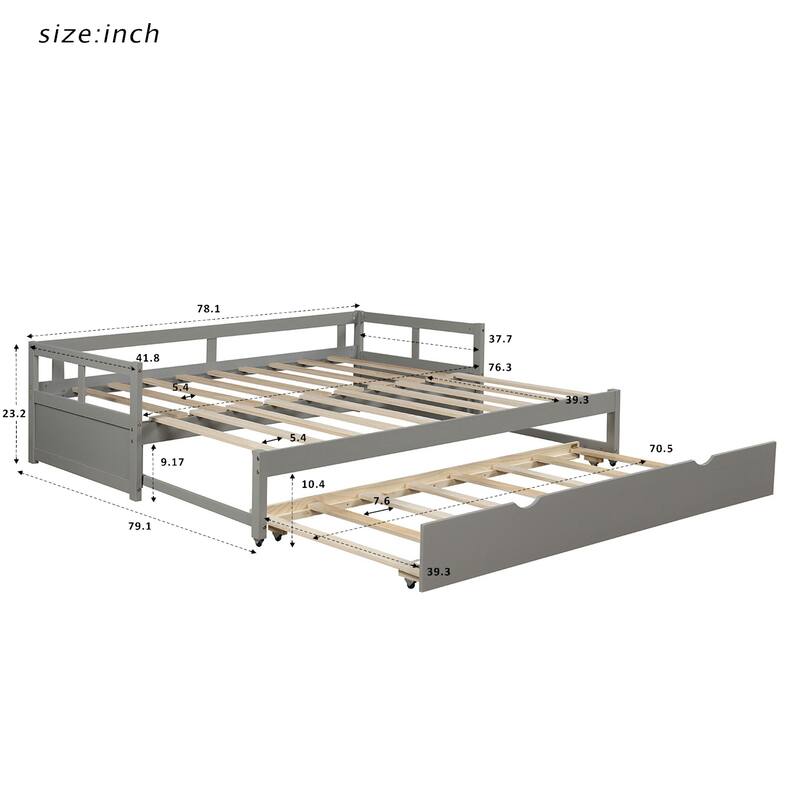 Grey Extendable Twin Pine Daybed with Trundle - Sturdy Frame and Slat Kit Included
