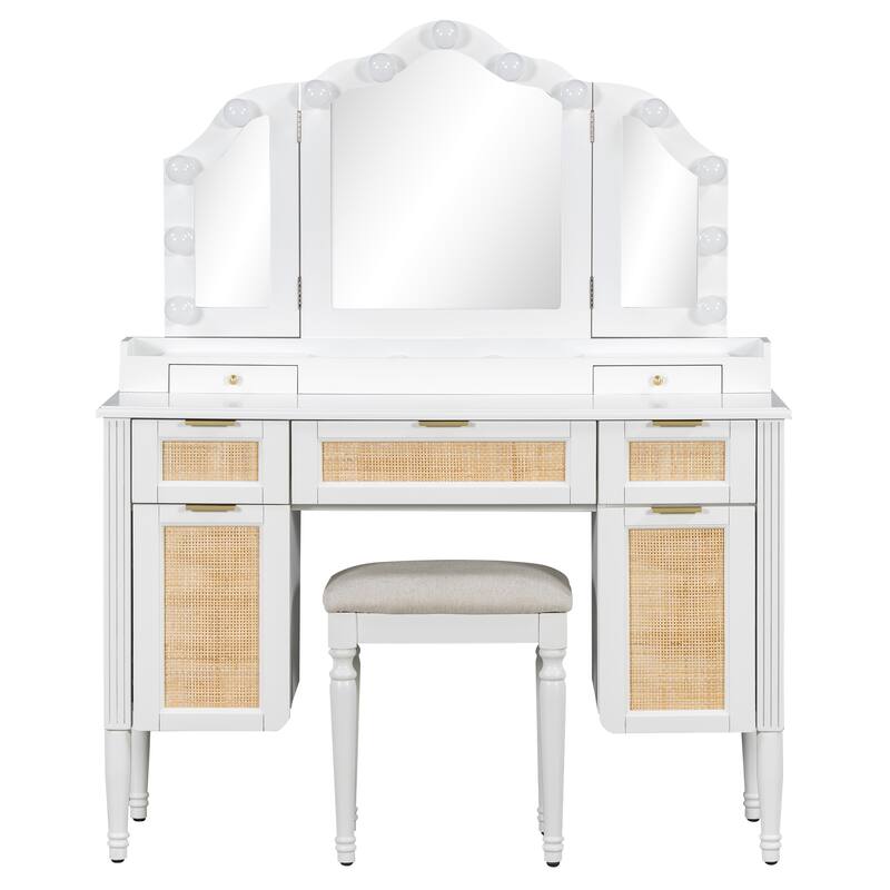 Bohemian Makeup Vanity Desk with 13 Bulbs & Tri-Fold Mirror, Built-in Charging Station Dressing Table with Makeup Stool, White