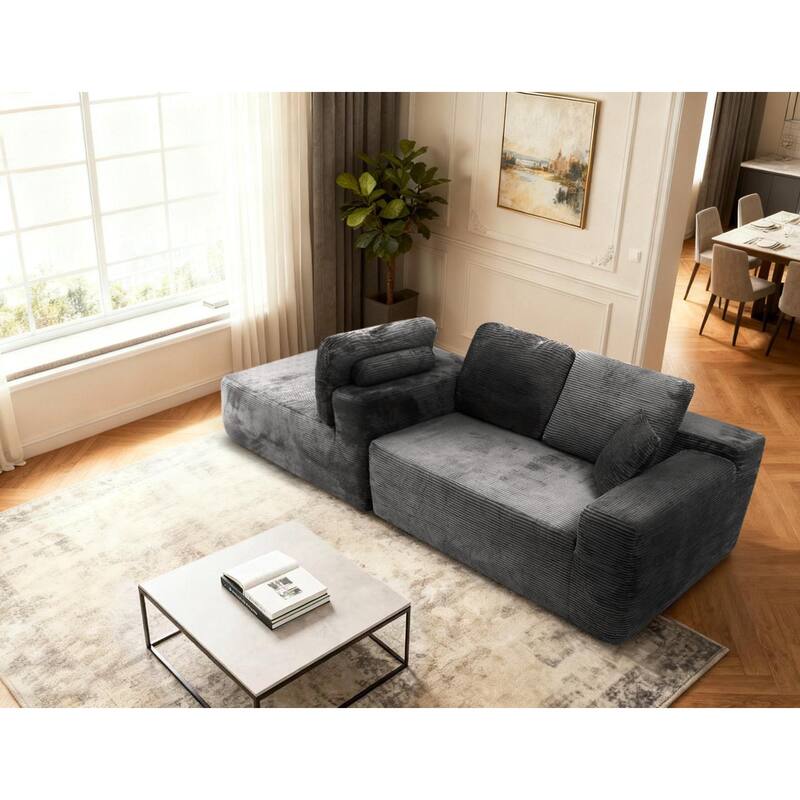 Oversized Corduroy Corner Sofa with Chaise, Boneless L-Shaped Sectional Couch, Modular Deep Seat Couches with Pillows