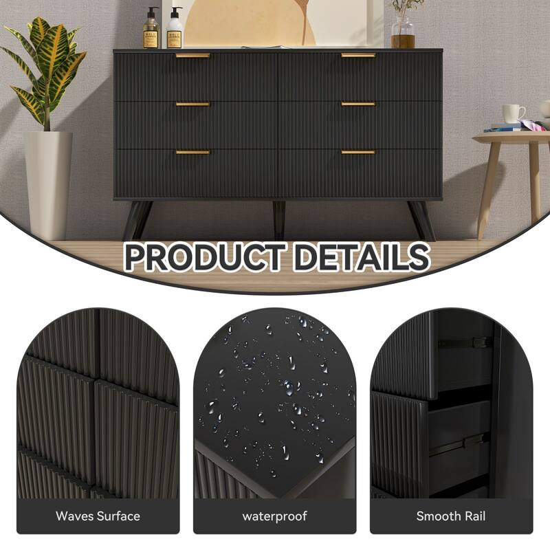 Gymojoy Fluted 6 Drawer Dresser with Gold Metal Handles, Modern Chest of Drawers for Living Room, Bedroom, Apartment