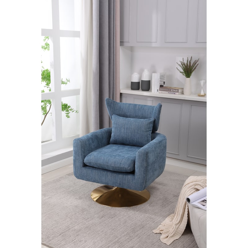 Blue Modern 29.9" Upholstered 360° Swivel Accent Chair with Iron Base and Pillow