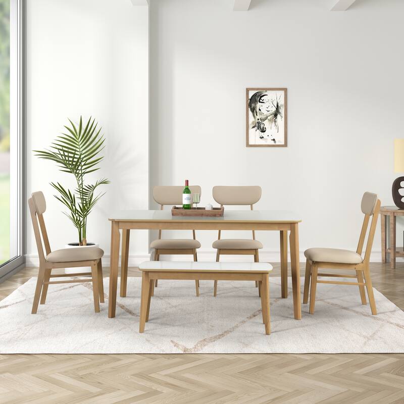 6-piece Rectangular Dining Table Set with 4 Upholstered Dining Chairs and Bench Modern Casual Dining Table Set for Kitchen