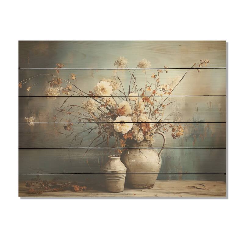 Designart "Floral Plants Bouquet Still Life Vase Oasis" Plants Wood Wall Decor - Beige Wood Panel On Natural Pine Wood