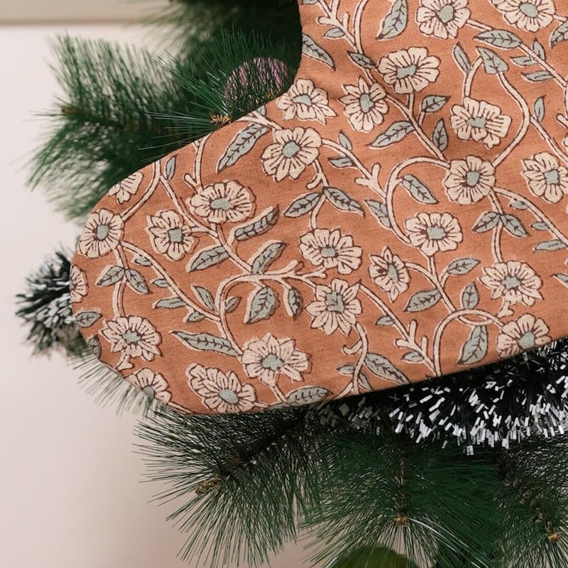 Fabdivine Handmade Christmas Stocking Floral Block Print 10X4.5 Inch Tassel Loop for Home Décor - 10"X4.5"