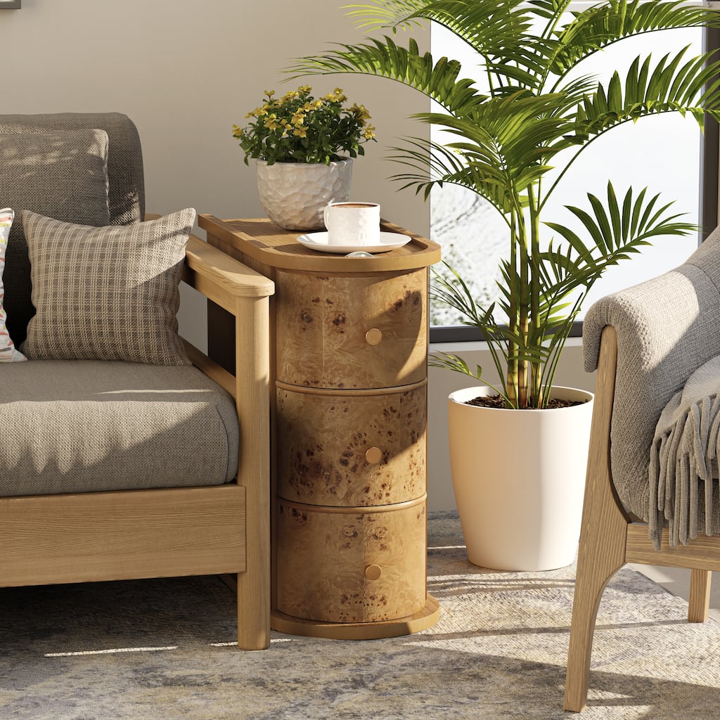 COZAYH 3-Drawer Wood Farmhouse End Table with Burl Finish, Narrow Rustic Sofa Side Tables, Bedside Table with Back Storage Space