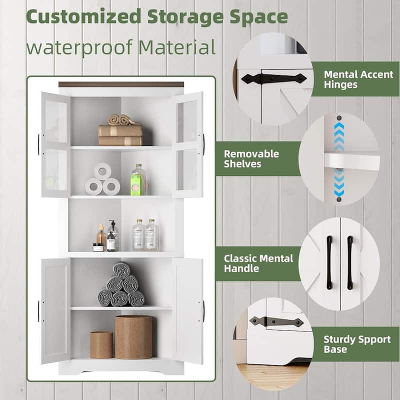 Tall Farmhouse Corner Cabinet with Glass Door & Adjustable Shelves, Space-Saving Storage for Kitchen or Bathroom