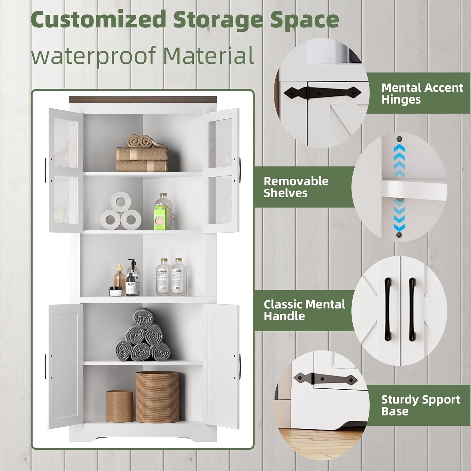 Tall Farmhouse Corner Cabinet with Glass Door & Adjustable Shelves