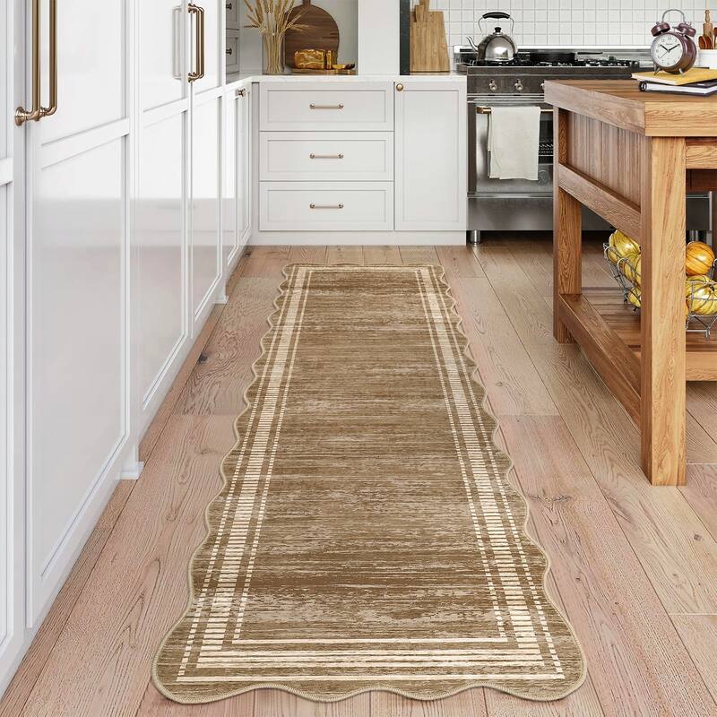 Washable Scalloped Area Rugs, Modern Bordered Living Room Rugs for Bedroom - 2'x6' - Brown