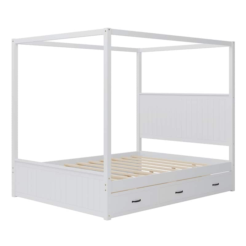 Queen Size Canopy Bed Platform Bed with Trundle Drawers Under-bed
