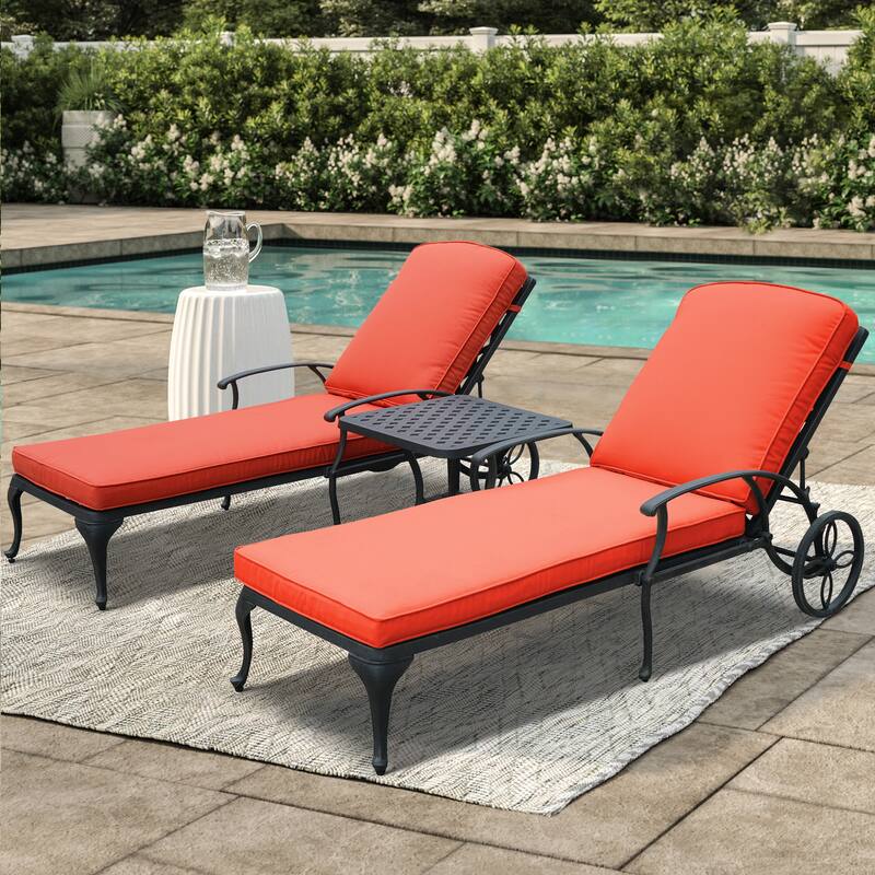 3-Piece Aluminum Reclining Outdoor Chaise Lounge with Table and Cushions