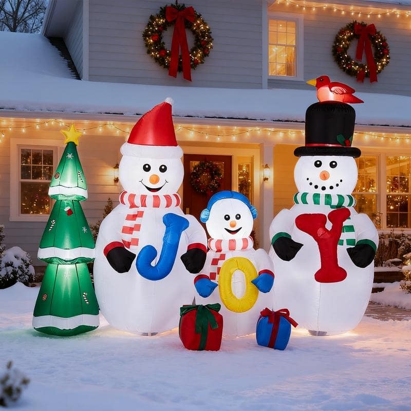 8FT Lighted Christmas Inflatable Decoration Snowman Family with JOY and Xmas Tree - White