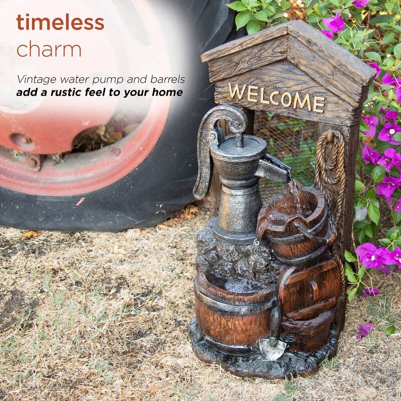 Alpine Corporation 24" Tall Vintage Water Pump with Welcome Sign and Barrels Fountain Yard Art Décor, Multicolor