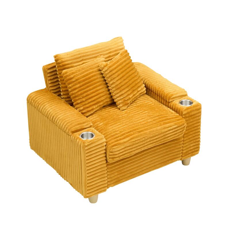 Corduroy Accent Chair & Storage Ottoman Set of 2, Single Sofa Armchair Lounge Chair with Pillows & Cup Holders