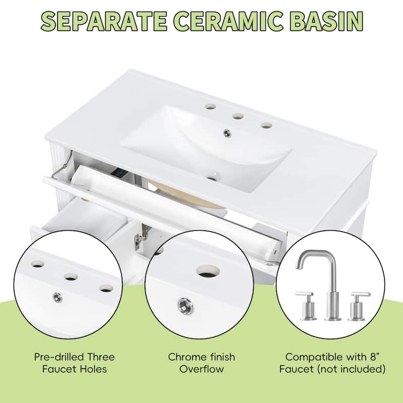 36" Bathroom Vanity with Sink, Solid Wood Cabinet with Flip-Out Drawer, 3 Soft-Close Drawers & 2 Doors, Gold Handles