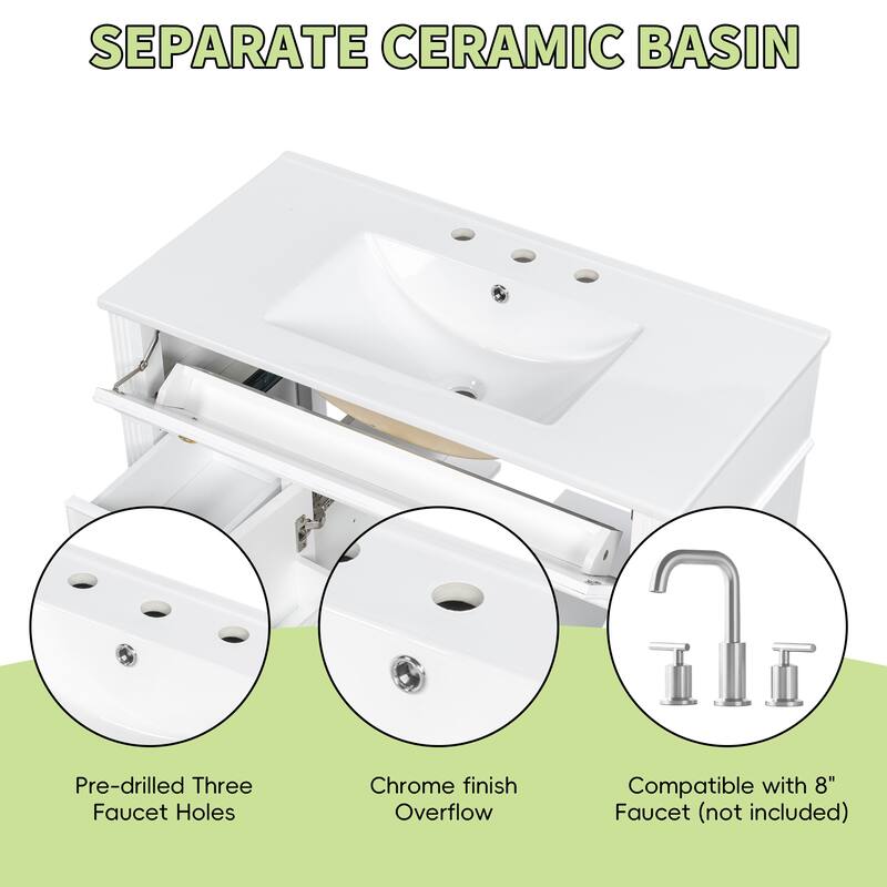 36 Inch Bathroom Vanity with Sink, White Solid Wood Cabinet with Flip-Out Drawer, 3 Drawers and 2 Soft-Close Doors