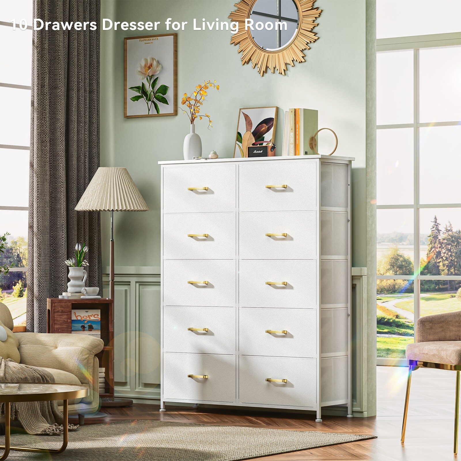 white 10 drawer dresser Snhomee 10-Drawer Wooden Chest of Drawers, 52" Extra Wide for Bedroom Living Room Hallway 52"W x 15.7"D x 36.5"H / Dresser with power outlets are especially suitable for small households White Tall Dresser for Bedroom