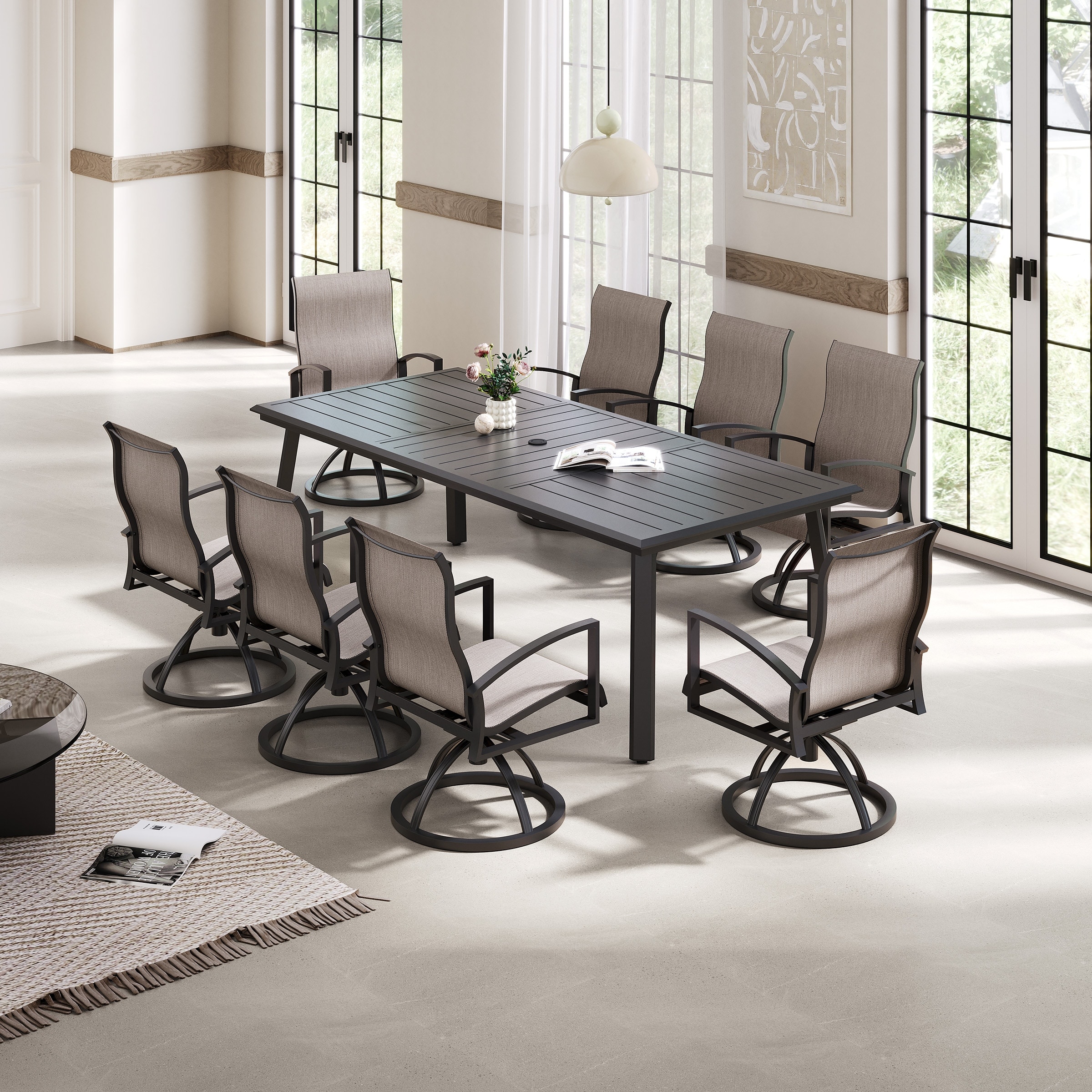 Pellebant Outdoor Aluminum Dining Table with Umbrella Hole for 6-8 Person