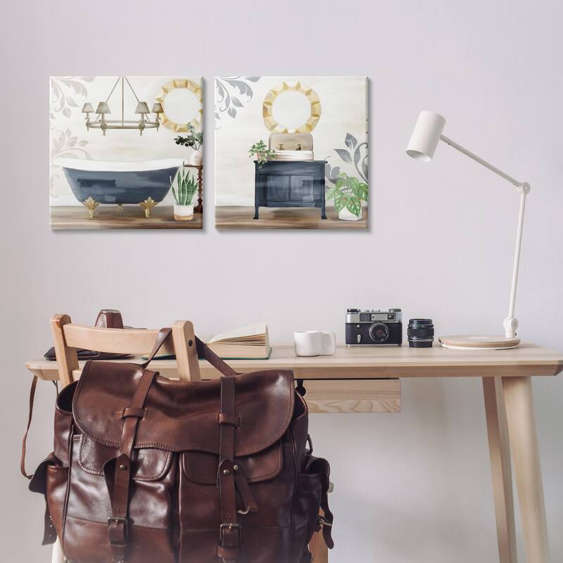 Stupell Chic Bathroom Interior Still Life Bathtub Sink Plants 2pc Multi Piece Canvas Wall Art Set - Blue