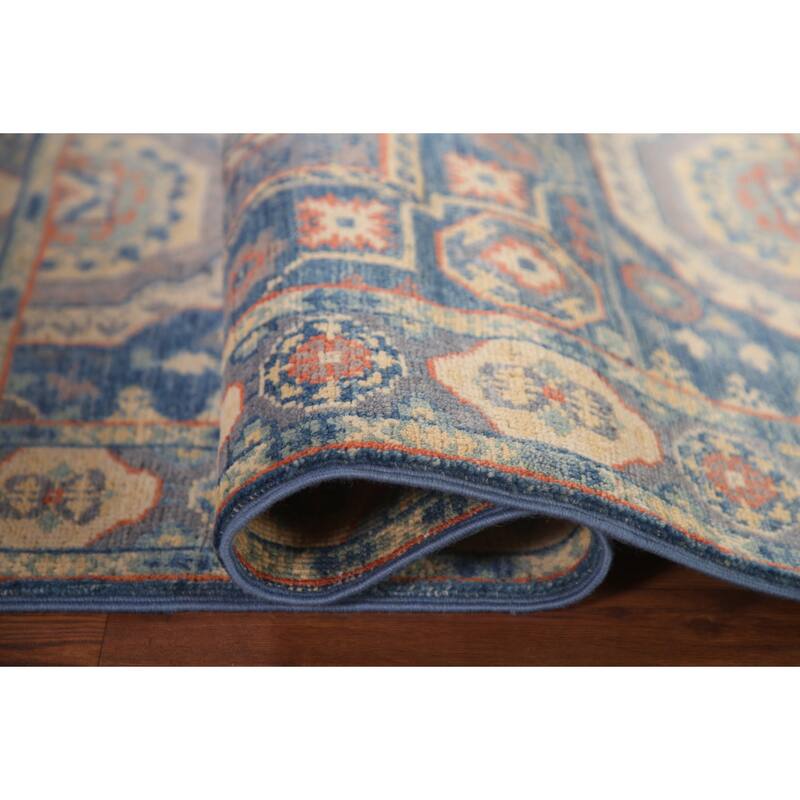 Blue Geometric Kazak Accent Rug Hand-Knotted Wool Carpet - 2'9" x 4'0"