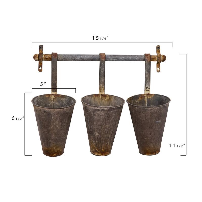 Antiqued Metal Wall Rack with 3 Hanging Tin Pots - Grey