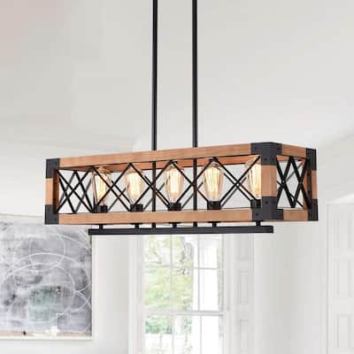 5-Light Farmhouse Rectangle Wood Cage Chandelier - Black & Wood
