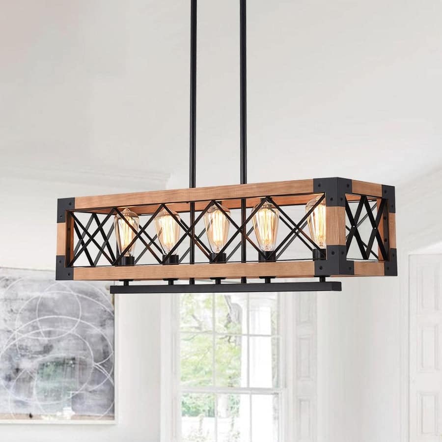 5-Light Farmhouse Rectangle Wood Cage Chandelier - Black & Wood