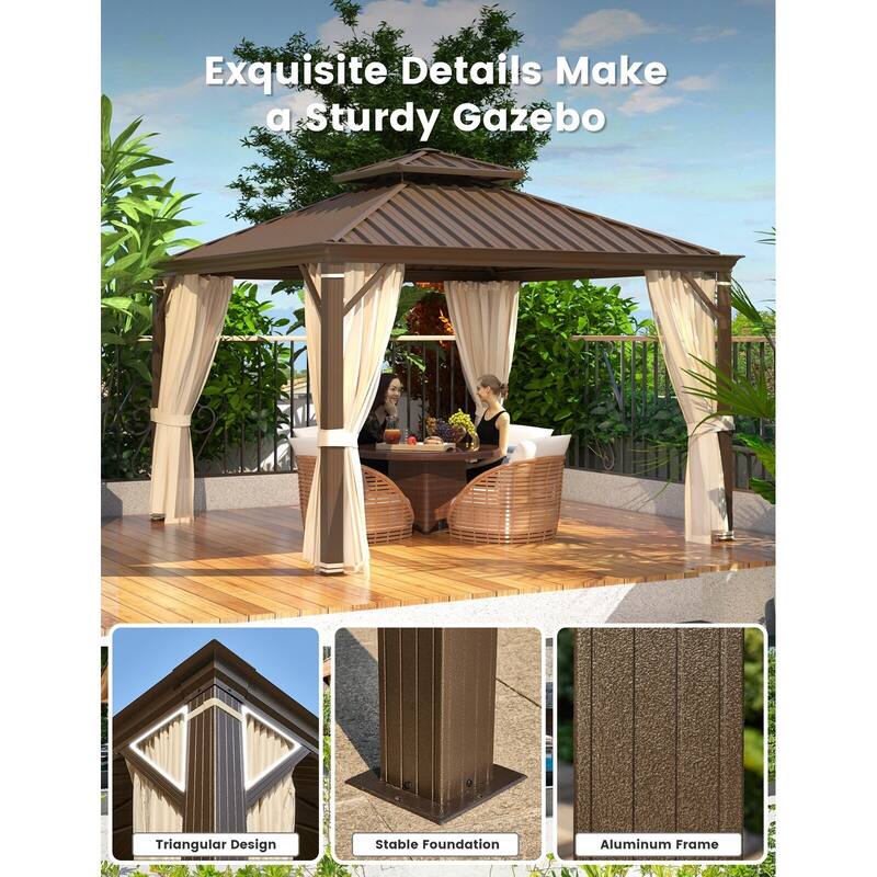 EROMMY Hardtop Patio Gazebo with Double Roof and Privacy Curtains, 12x16 FT Permanent Outdoor Metal Gazebo for Backyard, Deck