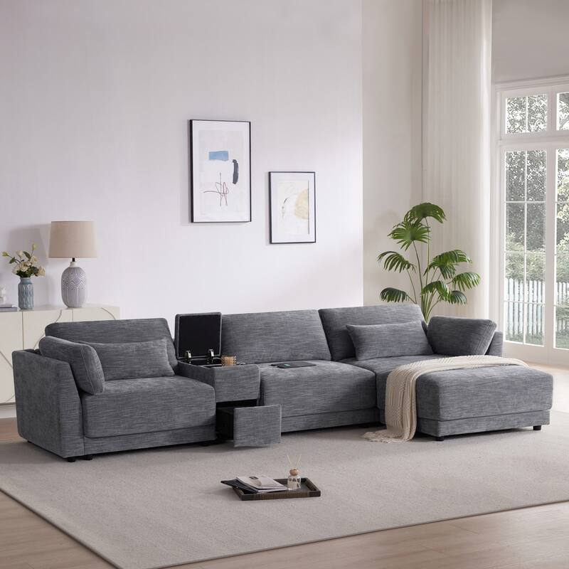 Roomfitters 124'' L-Shaped Sectional Sofa with Storage Console, Charging Station, Modular Couch with Ottoman, Chenille - Gray