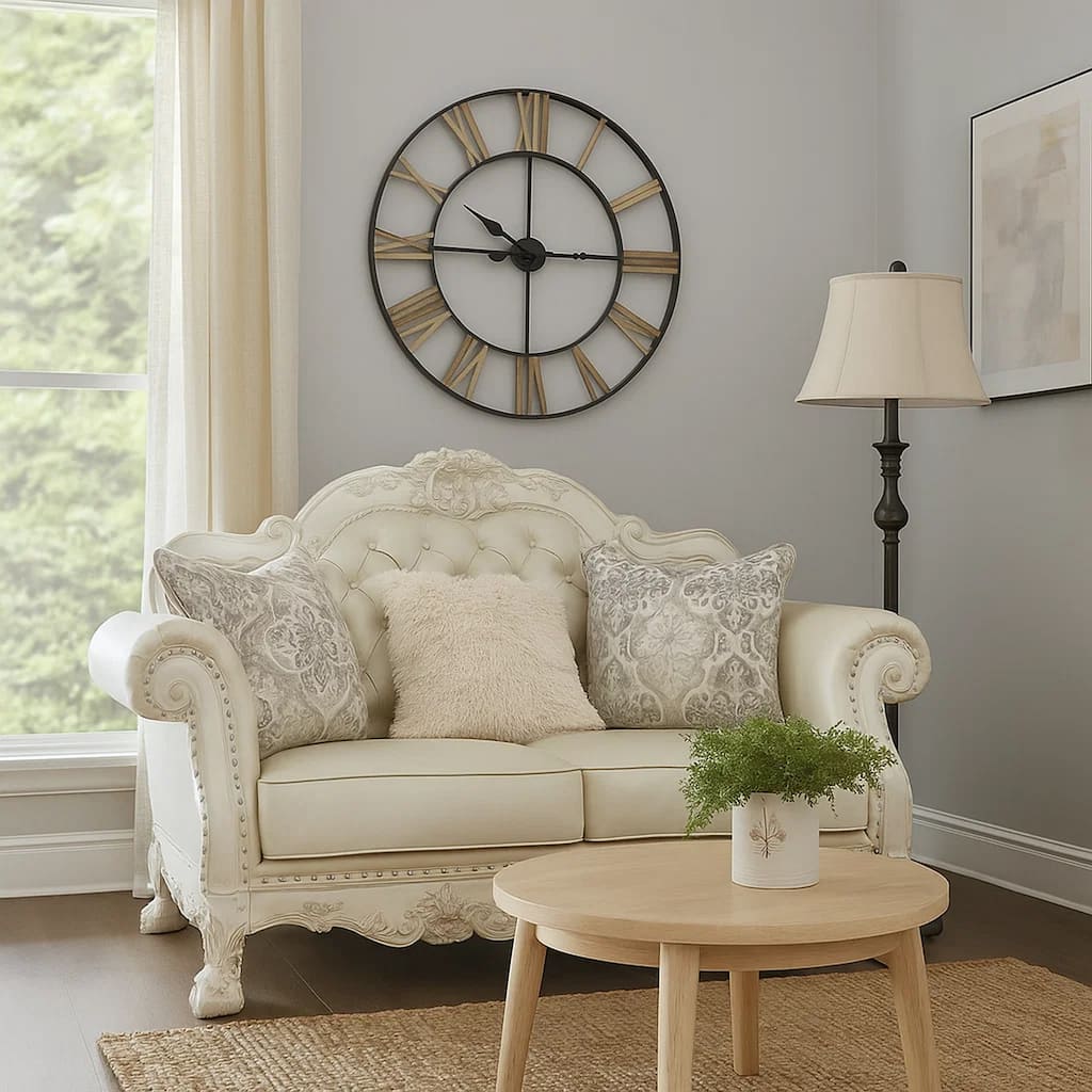 Ally Loveseat with 3 Pillows, 64 Inch Wood, Vintage White Faux Leather