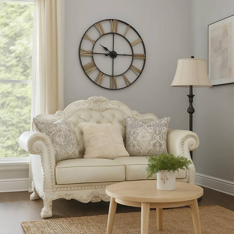 Ally Loveseat with 3 Pillows, 64 Inch Wood, Vintage White Faux Leather