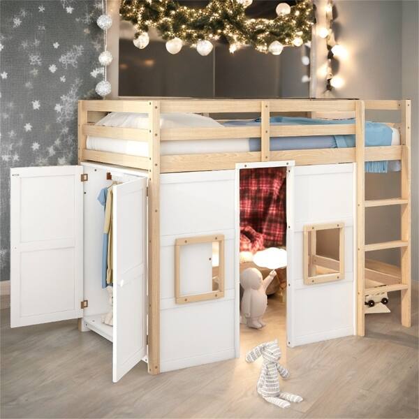 slide 2 of 12, Wood Twin Size Loft Bed with Built-in Storage Wardrobe and 2 Windows Natural+White