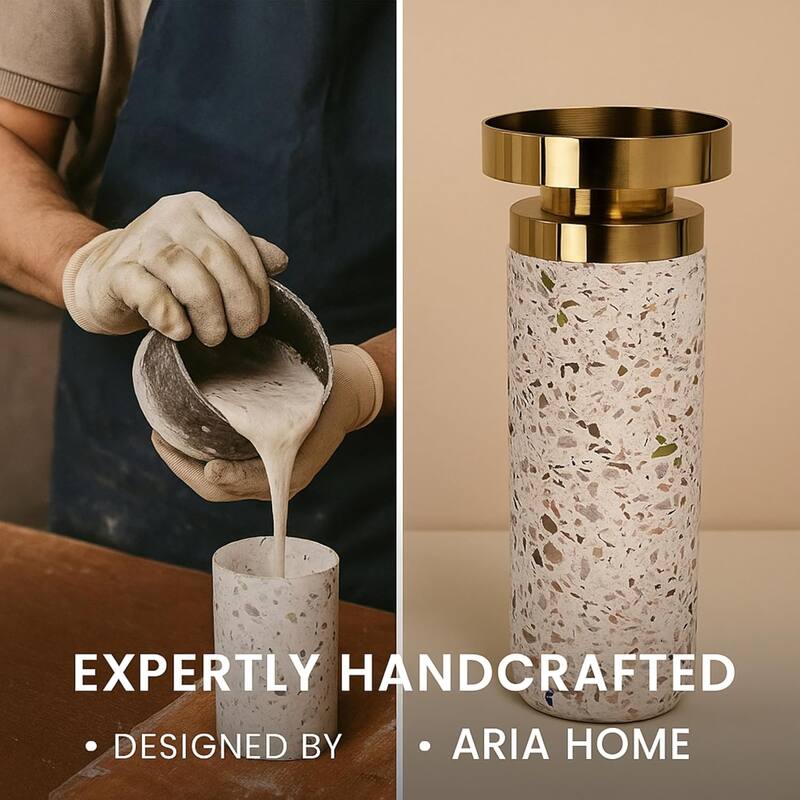 Pink Tall Cement Candlestick Set of Two with Gold Trim and Splattering