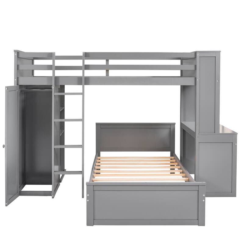 Twin Over Twin Size Bunk Bed Wooden Loft Bed with Wardrobe, Desk, Shelves, Safety Guardrail and Ladder