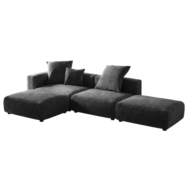 L-shaped Modular Sectional Sofa Corduroy Upholstered Couch with Chaise Ottoman and 3 pillows