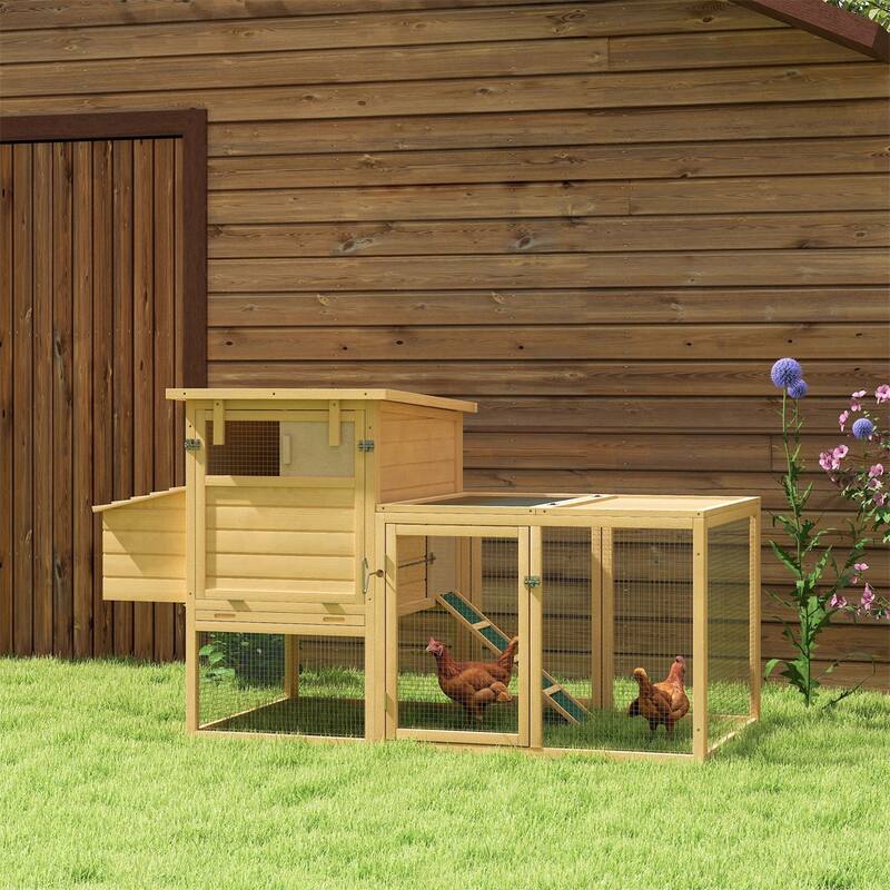 Wooden Chicken Coop with Outer Run, Nesting Box and Roosting Poles - 74.8" L x 31.9" W x 40.6" H - Natural