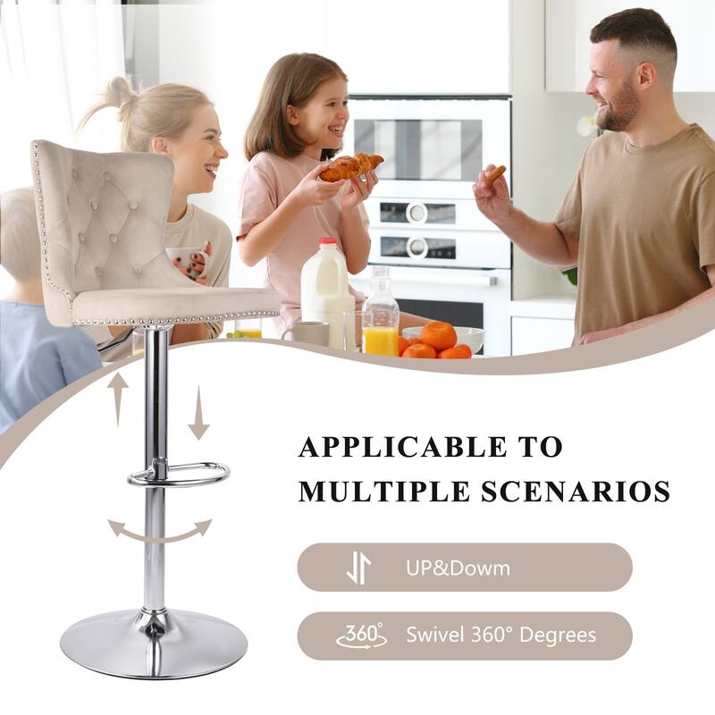 Velvet Swivel Bar Stools,Modern Bar Stools with High Back and Metal Footrest,Adjustable Swivel Barstools (Set of 2)