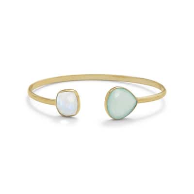 Curata 14k Gold Plated 925 Sterling Silver Rainbow Celestial Moonstone and Green Chalcedony Cuff 3mm Wide Bracelet
