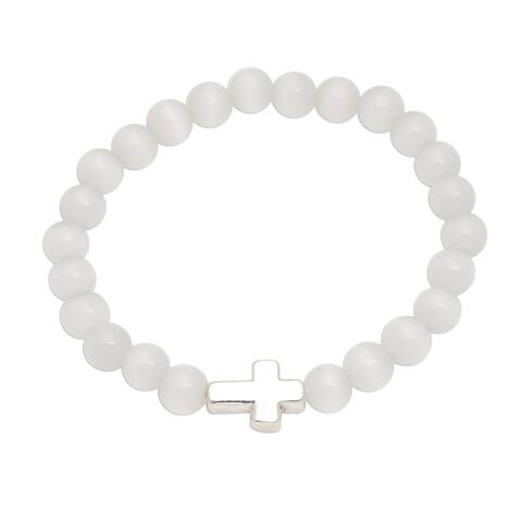 NOVICA Faith in White, Quartz and sterling silver beaded pendant stretch bracelet