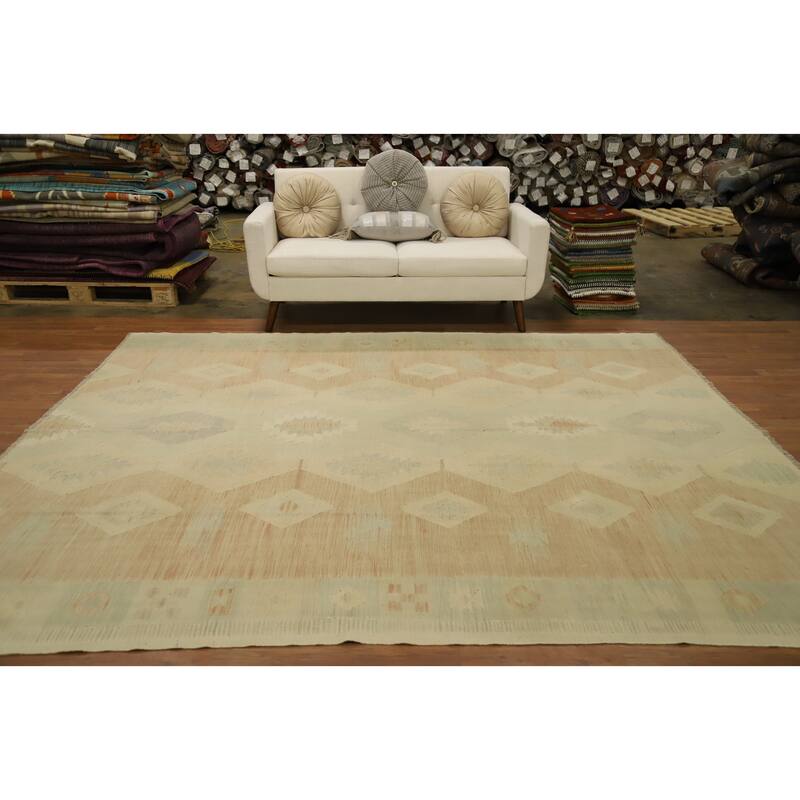 Hand Woven Oriental 100% Wool Carpet Southwestern Tribal Beige & Ivories Kilim Area Rug - 9' 7'' X 8' 1''