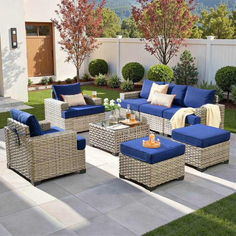 OVIOS 8 Pieces T shaped Seat Wide Armrest Set With Solar-Powered Coffee Table - NavyBlue